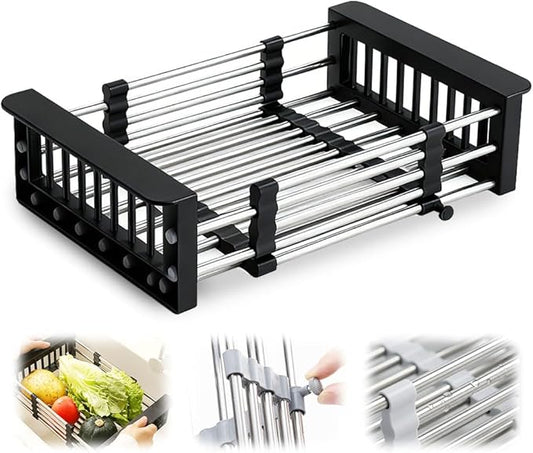 Extend Kitchen Sink Drain Basket, 2026 New Retractable Kitchen Sink, Adjustable Dish Drying Rack with Stainless Steel Drain Basket for Kitchen (Black, Large)