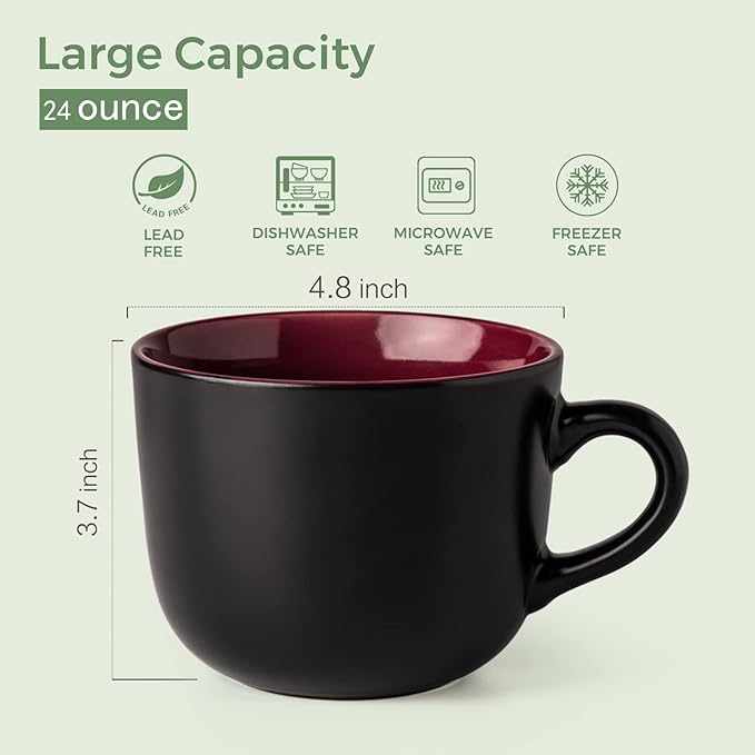AmorArc 24 oz Soup Mugs with Handles, Jumbo Ceramic Bowls Mugs Set with handles for Coffee Cereal Cappuccino Snacks, Microwave&Dishwasher safe Soup Cups for Meal-Burgundy