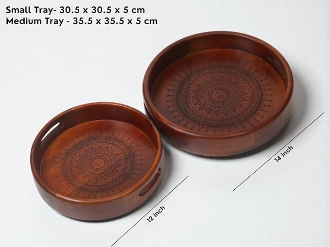 Vesta Homes Set of 2 Aurelia Premium Wood Round Serving Tray for Home/Kitchen/Restaurant/Office Organizer/Dining Table|Premium Wooden Trays|35.5 X 35.5 ; 30.5 x 30.5 cm | Handcrafted in India