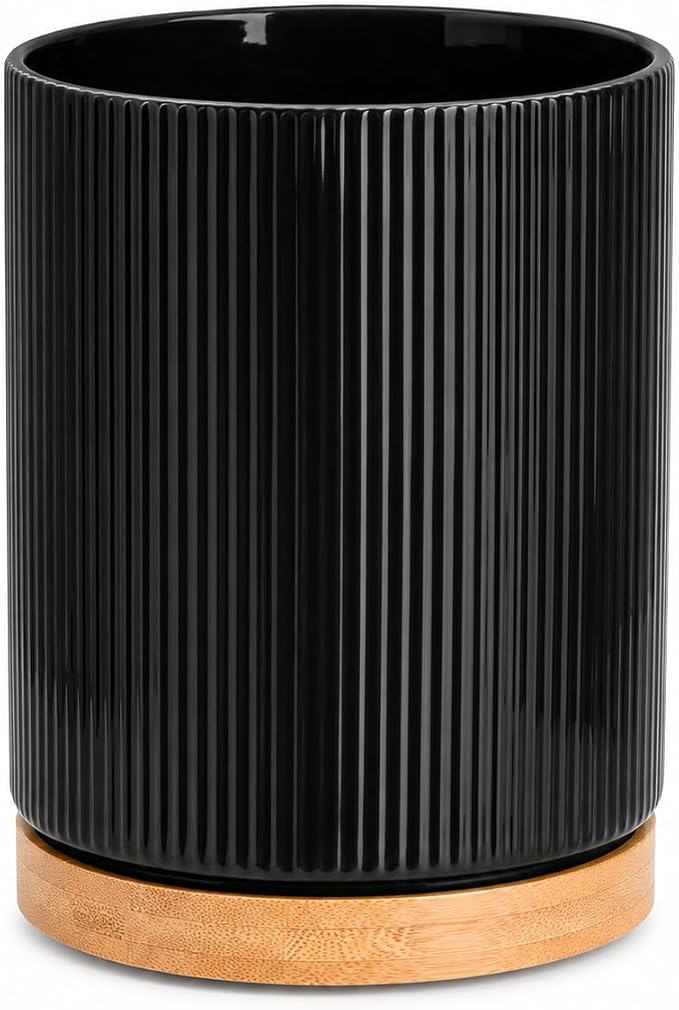QUELIEN Utensil Holder, 360° Rotating Ceramic Kitchen Utensil Holder for Countertop, 7.7" Utensil Crock for Kitchen Counter with Rotatable Wooden Base,Ideal Housewarming Gift & Mothers Day Gift