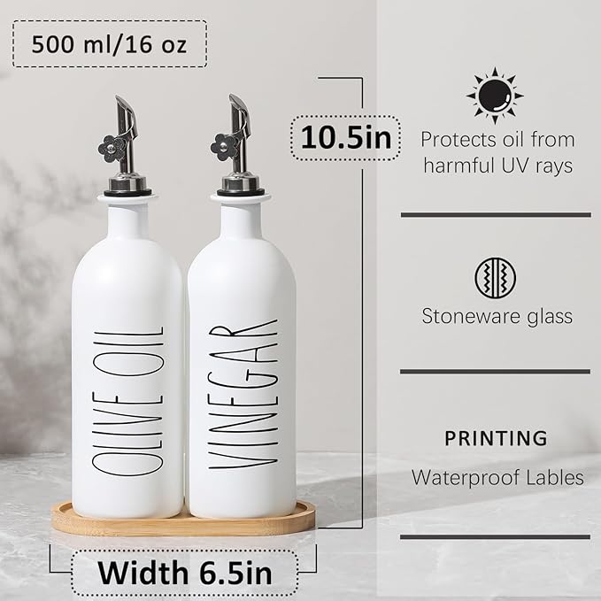 HOMCDALY 16oz Olive Oil Dispenser Bottles for Kitchen, White Oil and Vinegar Dispenser Set, Two Olive Oil Bottles with Bamboo Tray | Set of 2 (16oz-P-White)