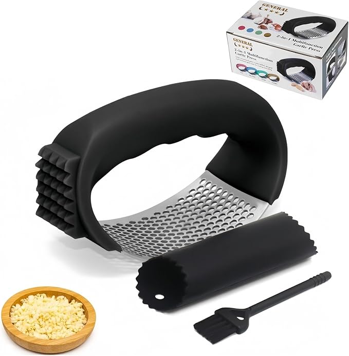3-in-1 Stainless Steel Garlic Press with Peeler & Brush - Professional Heavy Duty Garlic Mincer, Dishwasher Safe Kitchen Gadgets for Cooking, Easy Clean Design (Black)
