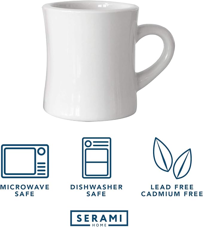 Serami Original 11oz White Diner Coffee Mug Set - Ceramic Mugs Great for Kitchen Set, Travel, and Hot Tea, Retro Waffle House Farmhouse Mug with Handle, Heavy Duty Coffee Cups (4 Pack)