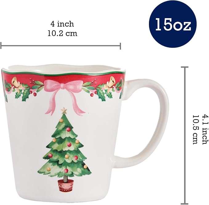 Bico Ribbon Christmas Scalloped Ceramic Mug Set of 4, Christmas Coffee Mugs, 15oz Holiday Cups for Tea, Cocoa, or Hot Drinks, Microwave & Dishwasher Safe