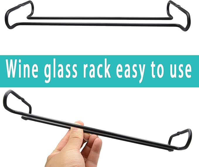 10 Inch Wine Glass Rack Under Cabinet Shelf Stemware Storage Hanging Hanger Organizer Glasses Holder with Drying Under Counter Metal for Kitchen and Bar Set of 2 Black
