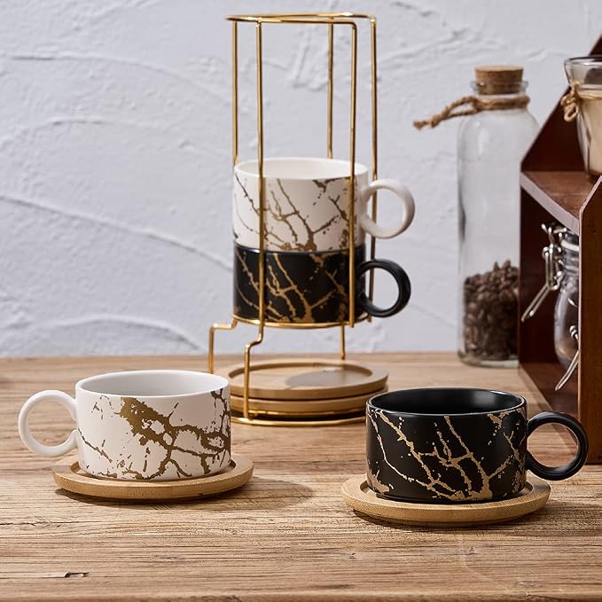 LUKA Porcelain Espresso Cup with Metal Stand, 6 Ounce Stackable Ceramic Demitasse Espresso Mugs Cappuccino Cups Set for Latte,Coffee,Cafe Mocha,Tea(Set of 4)