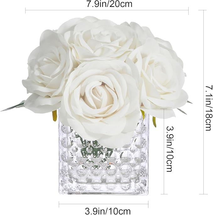 Fule Artificial Silk Rose Flower Centerpiece Arrangement in Glass Vase with LED Light for Home Wedding Decoration (Ivory)