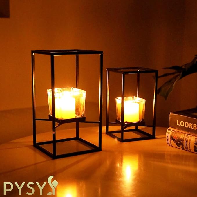 Set of Candlestick Holders in Two Sizes, Versatile Square Glass Candle Holder with Black Frame, Moden Style Candle Stand for Home Decor, Wedding, Party & Table Centerpiece