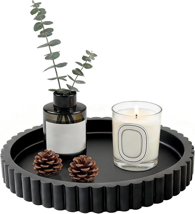 MTOPHLSBlack Wood Decorative Serving Tray for Coffee Table Decor, 11 Inch Wooden Round Candle Holder Plate for Kitchen, Living Room, Home Decor