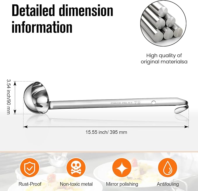 Cunhill 5 Pcs Soup Ladles Stainless Steel Serving Ladles with Long Handle for Serving, Cooking, Stirring, Portioning Kitchen Restaurant Accessories(6 oz)