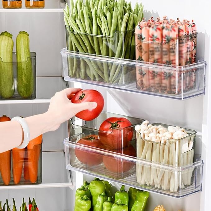 Crystal ClearFreezer Storage Bins,4 Pack Cleard Plastic Bins for Refrigerator and Pantry,Clear Plastic OrganizerBins with Handles,Stackable Kitchen Cabinet Organizer for Frozen Food,Meat & Veggies