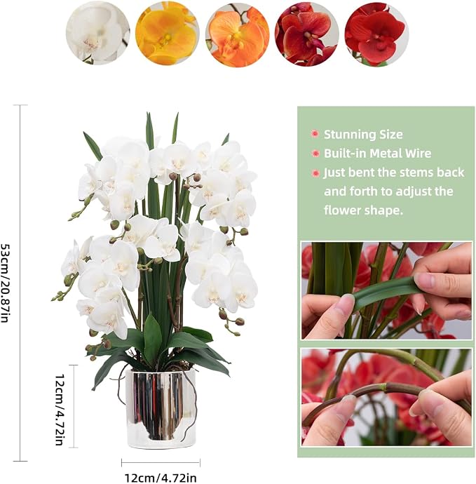 CXGS Artificial Orchid Flower Plants Real Touch Faux Orchids in Ceramic Vase 20.9'' White Phalaenopsis Orchid Fake Flower Arrangement Home Indoor Decor