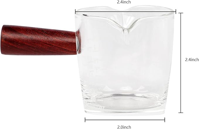 70ml Double Spouts Espresso Cup Shot Glasses Heat-Resistant Measuring Cup Mini Milk Glass Mug with Wooden Handle Clear Scale Ounce for Milk Coffee Espresso Making Heavy Glass Measuring Cup