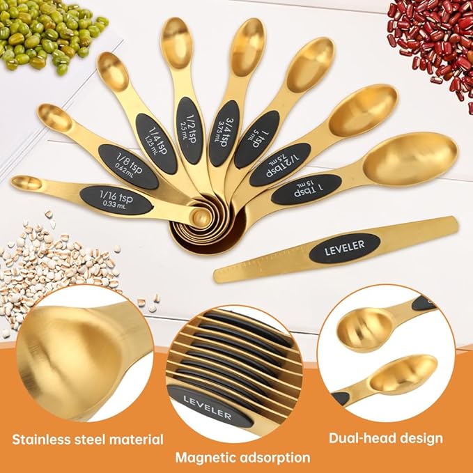 13pcs Gold Stainless Steel Measuring Cups and Spoons Set, 8 Double-Sided Magnetic Measuring Spoons & 4 Metal Measure Cups & 1 Leveler for Liquid Dry Ingredients Cooking Baking(COLOR:Gold)