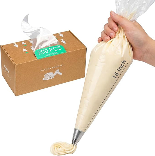 16-Inch Heavy-Duty Disposable Piping Bags, 200 Pack – Extra Thick Smooth Pastry Bags with Easy-Pull Dispenser Box for Cake Decorating, Buttercream Frosting, Cookie Icing & Baking Supplies