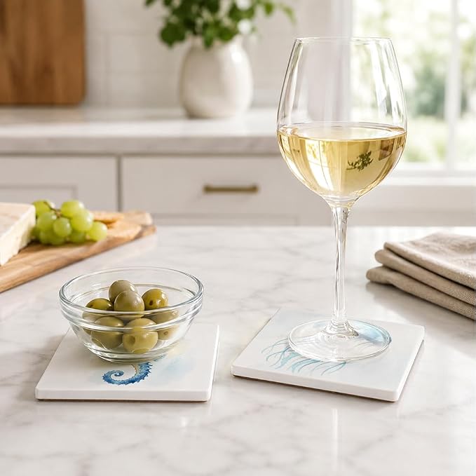 2 Pcs Watercolor Blue Seahorse Jellyfish Ceramic Coasters, Absorbent Coasters for Drinks, Sea Theme Cup Coaster Mat for Sea House Desk Coffee Bar Table, Beach Nautical Kitchen Decor
