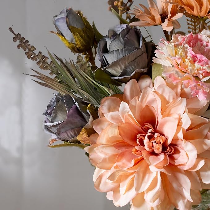 LESING Dahlia Flower Aritificial Flower with Vase Fake Silk Flowers in Glass Vase Faux Rose Flowers Arrangement for Home Office Table Centerpiece Decoration (Pink)