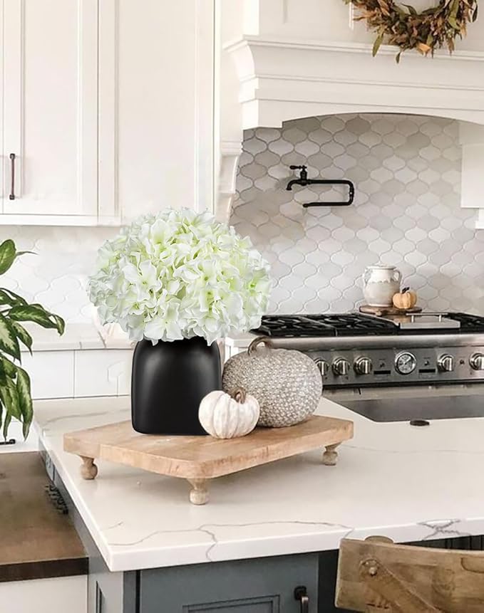 Briful White Hydrangea Artificial Flowers in Ceramic Vase, Black Vase Farmhouse Centerpieces for Tables, Dining Table Vase with Fake Flowers for Home Decor Indoor Kitchen Living Room