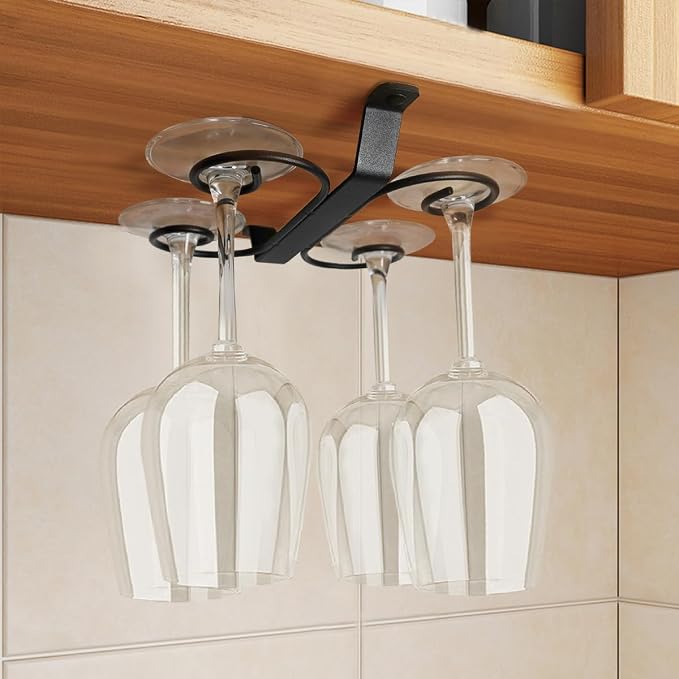 GeLive 9-inch Under Cabinet Wine Glass Holder Stemware Rack Glass Storage Hanger With 4 Hooks Organizer for Kitchen Bar RV (Black)