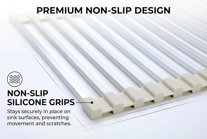 Large Aluminum Roll Up Dish Drying Rack (20.5" x 13") - Fits Sinks up to 19.5 Inches, Heavy Duty Square Bar, Rust-Proof & Heat Resistant with Removable Dish Holder (Beige Large)