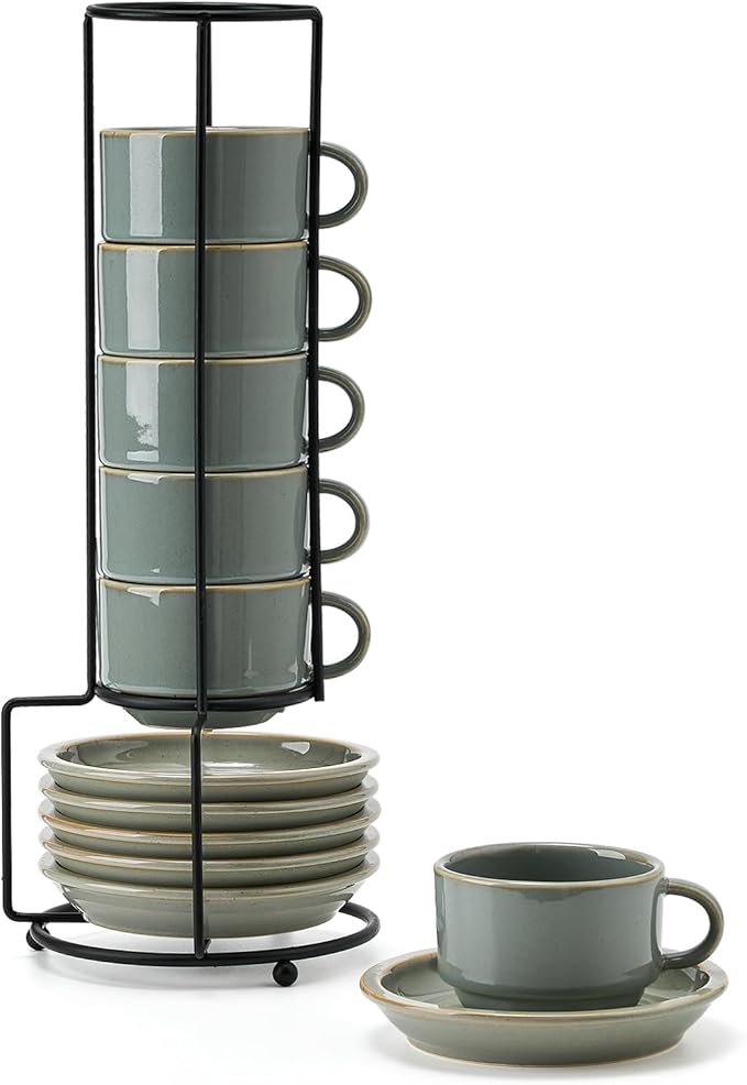 JIEMEI HOME Porcelain Stackable Espresso Cups with Saucers and Metal Stand, 4 Ounce Demitasse Cups for Latte, Cafe Mocha, Tea - Set of 6, Reactive Glaze, Green