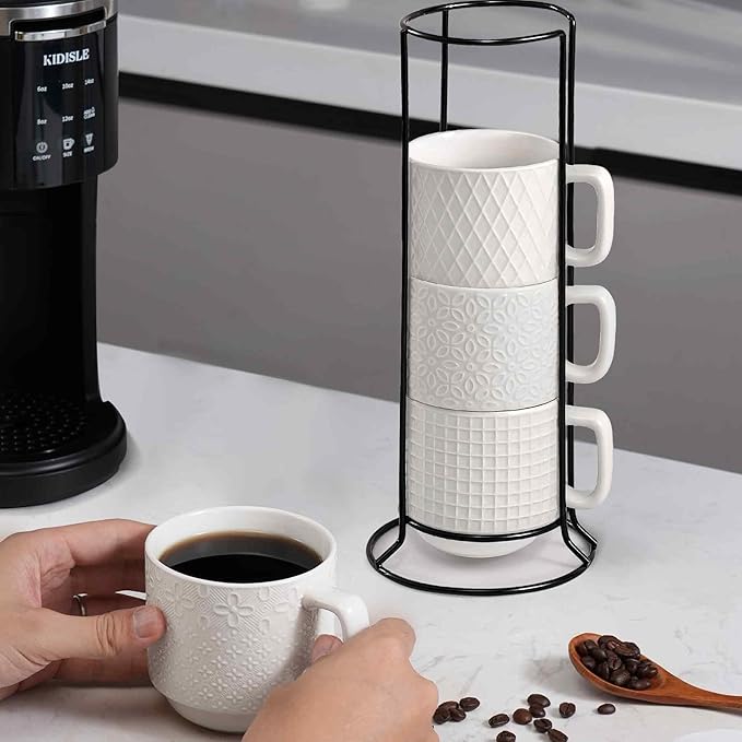 Stackable Coffee Mug Set of 4 with Stand, 10oz Ceramic Cups with Spoons – Ribbed Porcelain Mugs for Tea, Latte, Cappuccino – Microwave & Dishwasher Safe – Gift for Home & Office Use (White)