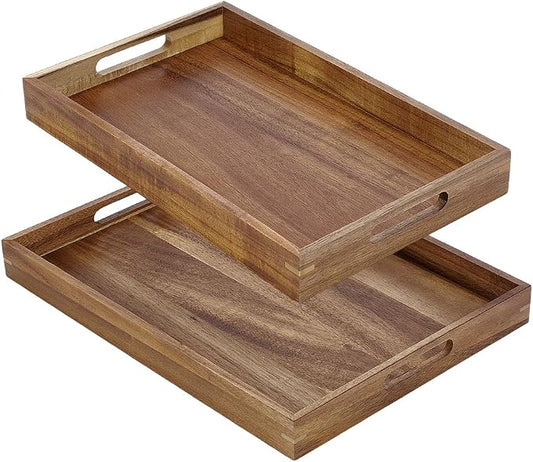 2 Pack Acacia Wood Serving Trays with Handles Rectangular Large Wooden Tray for Ottoman Coffee Table Decorative Trays for Living Room Bedroom Entryway Kitchen Home Decor