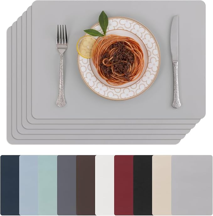 SHACOS Placemats Set of 6 Faux Leather Waterproof Leakproof Wipeable PU Non-Slip Vinyl Place Mats Heat Resistant Table Mats for Kitchen Dining Table Indoor Outdoor, Grey