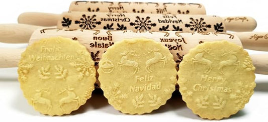 Embossing Rolling Pin for Christmas Cookies, Gingerbread, Shortbread by Algis Crafts (Merry Christmas)