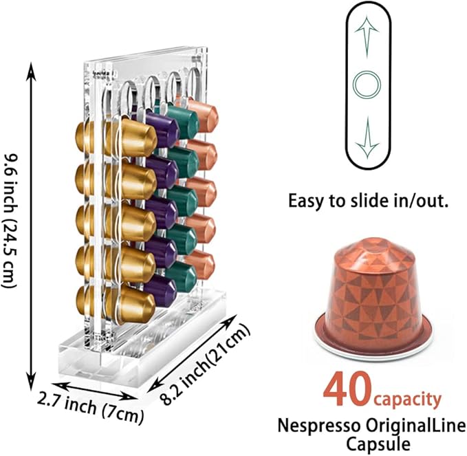 DuvinDD Coffee Pod Holder for Nespresso Original Line Capsule Holder Acrylic Magnetic Coffee Pods Organizer, Freestanding or Magnetic to the Fridge, Hold 40 Capsule Pods Capacity Storage Rack