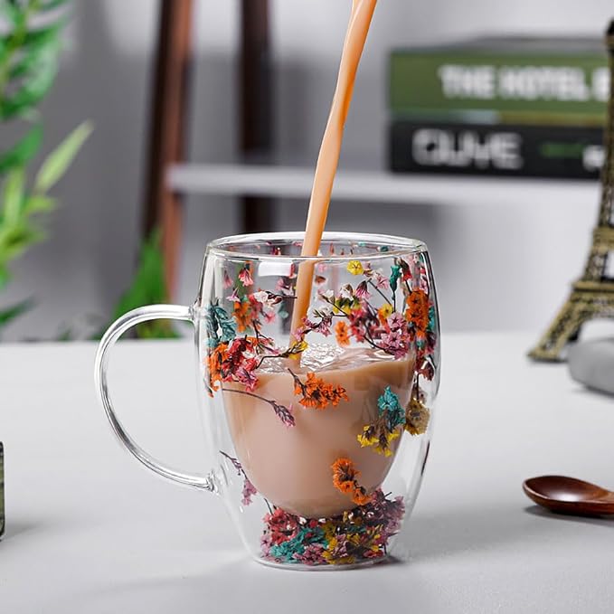 Myhiju Flower Double Wall Clear Glass Coffee Mugs Creative Clear Glass Cups with Handle Flowers Double Insulated Glass Cup for Hot Cold Beverages Cappuccino Latte, Espresso Juice Glass Coffee Cups