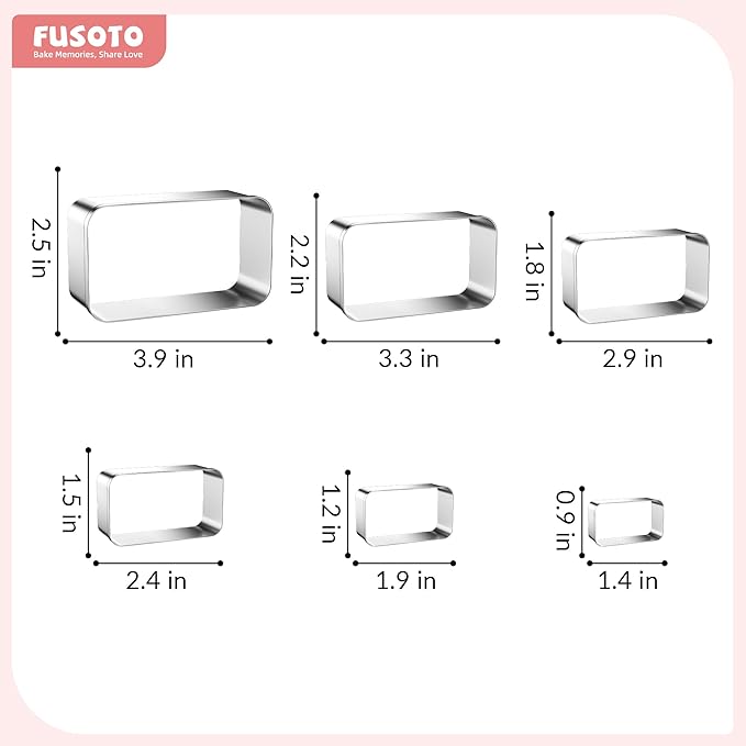 FUSOTO 6PCS Rectangle Cookie Cutters Set, Stainless Steel Kitchen Baking Supplies, for Biscuit, Homemade Cookies, Cake Decorating, Geometric Cookie Cutter, (1.5", 2", 2.5", 3", 3.5", 4"), Rectangle