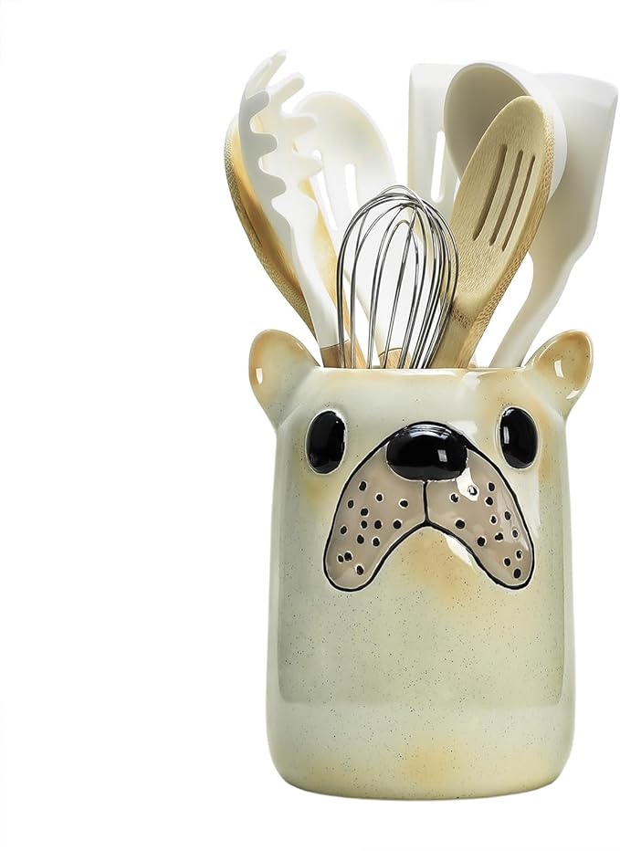 Ceramic Cartoon Animal Pattern Kitchen Utensil Holder, Large Cooking Utensil Crocks for Kitchen Countertop, Cartoon Style Utensil Organizer for Spatula, Kitchen, Home Decoration-Bulldog