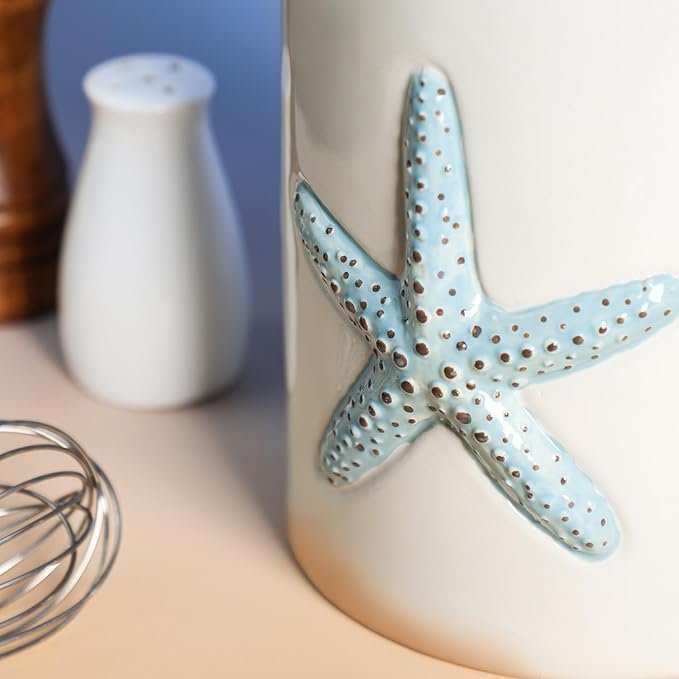 Ceramic Starfish Embossed Utensil Holder, Large Cooking Utensil Crocks for Countertop, Ocean Style Utensil Organizer for Spatula