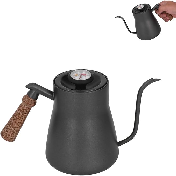 Pour over Coffee Kettle with Thermometer, 850ml Goose Neck Kettle Pot Induction Kettle Stovetop Stainless Steel Gooseneck Kettle with Wood Handle