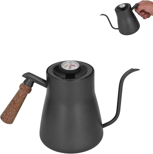 Pour over Coffee Kettle with Thermometer, 850ml Goose Neck Kettle Pot Induction Kettle Stovetop Stainless Steel Gooseneck Kettle with Wood Handle