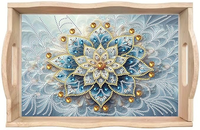 DIY Diamond Serving Tray Rectangular Breakfast Tray with Handle Handmade Diamond Art Painting Wooden Tray for Dinner Plate Coffee Room Living Home Organizer-Mandala