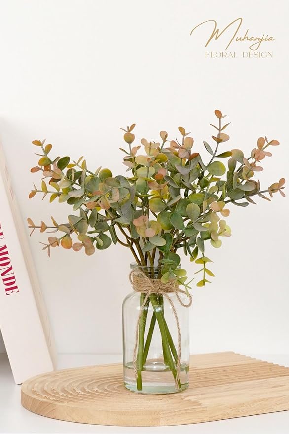 Muhanjia Artificial Eucalyptus Stems in Glass Vase with Faux Water,6Pcs Grey-Orange Fake Plant for Centerpiece (Grey-Orange Eucalyptus)