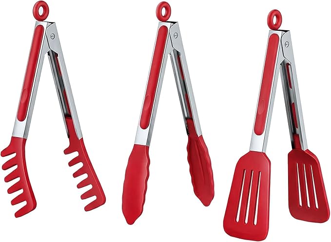 HST 3 Pack Kitchen Tongs, Non Stick Stainless Steel 9 Inch Tongs With Silicone Tip for Cooking BBQ Baking(Red)
