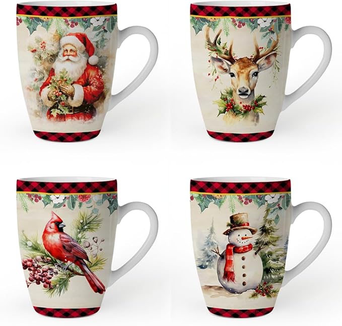 OrnamentallyYou Coffee Mug Holiday Kitchen Drinkware, Multiple Designs Available (Festive Country Plaid Set of 4 Ceramic Mugs)