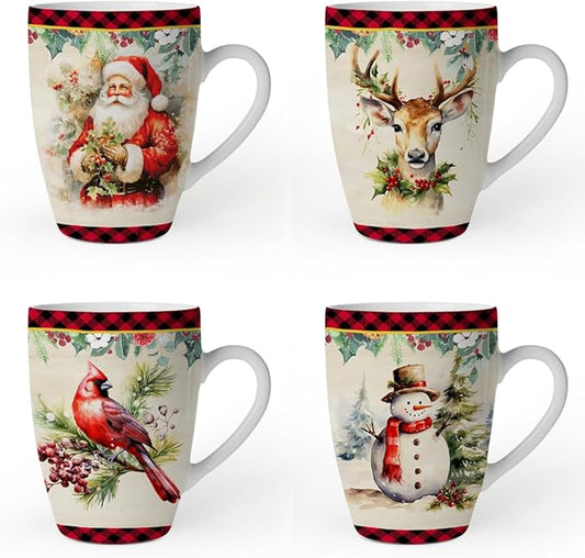 OrnamentallyYou Coffee Mug Holiday Kitchen Drinkware, Multiple Designs Available (Festive Country Plaid Set of 4 Ceramic Mugs)