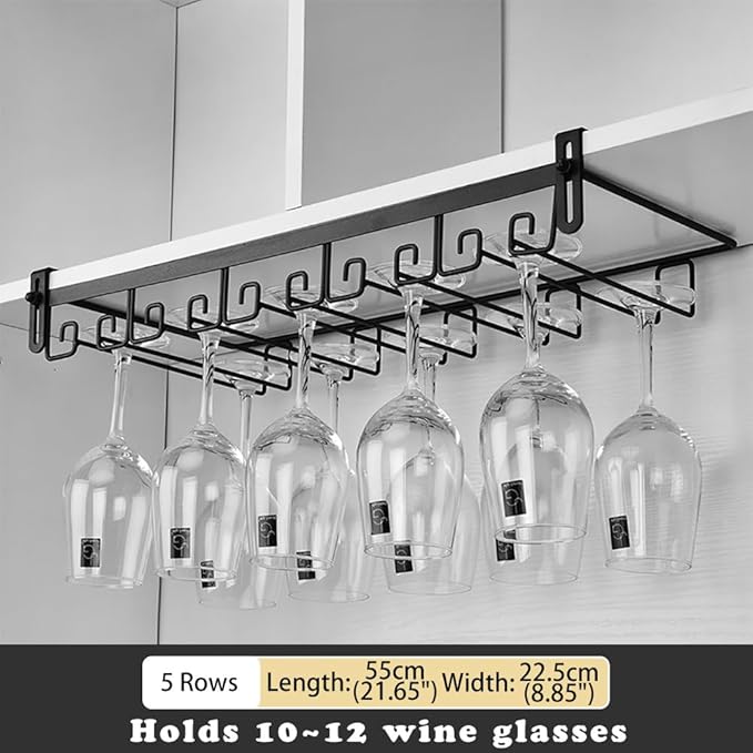 CAKERS Creative Wine Glass Holder|Under Cabinet Iron Art Stemware Rack|Hanging Wine Glass Drying Holder For Kitchen Bar Restaurant,Black,5 Rows