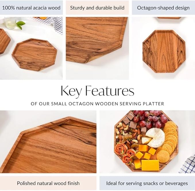 Wooden Serving Tray for Kitchen and Home Decor | Acacia Wood Octagonal Serving Platter for Tea, Coffee, Snacks and Cake | Decorative Trays Resturnant and Cafe (Food Safe Oil Finish) (8 Inch)