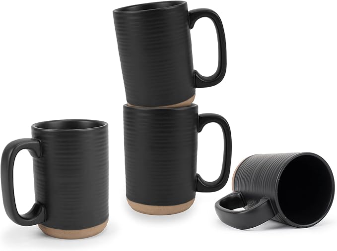 Elanze Designs Tall Ribbed Raw Clay Bottom Black 16 ounce Ceramic Coffee Mugs Set of 4