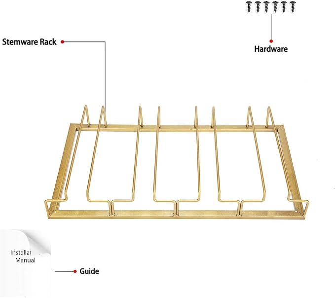 FOMANSH Wine Glass Rack - Under Cabinet Stemware Wine Glass Holder Glasses Storage Hanger 2 Pack Metal Organizer for Bar Kitchen Gold