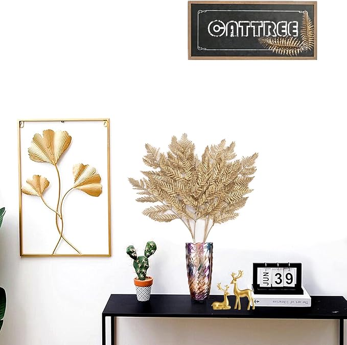 CATTREE Gold Ferns Artificial Plants Large Tall 30" 2 Pack Christmas Decorations, Fake Golden Boston Leaves Plastic Fern Palm Bushes Faux Shrubs Simulated Leaf for Party Wedding DIY Décor