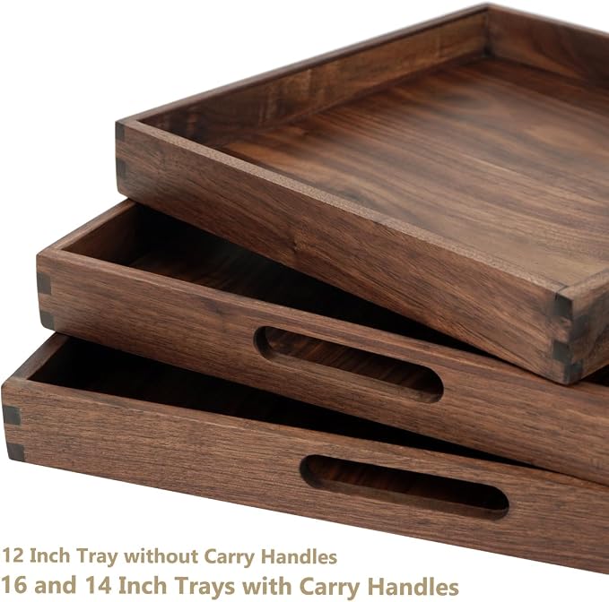 Set of 3 Large Square Solid Black Walnut Wood Ottoman Tray with Handles, Serve Tea, Coffee, Classic Wooden Decorative Serving Tray, 16+14+12