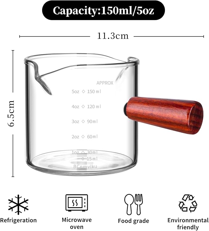 BCnmviku Double Spouts 150ML /5OZ Measuring Triple Pitcher Milk Cup with Wood Handle Espresso Shot Glasses Parts Clear Glass (1)