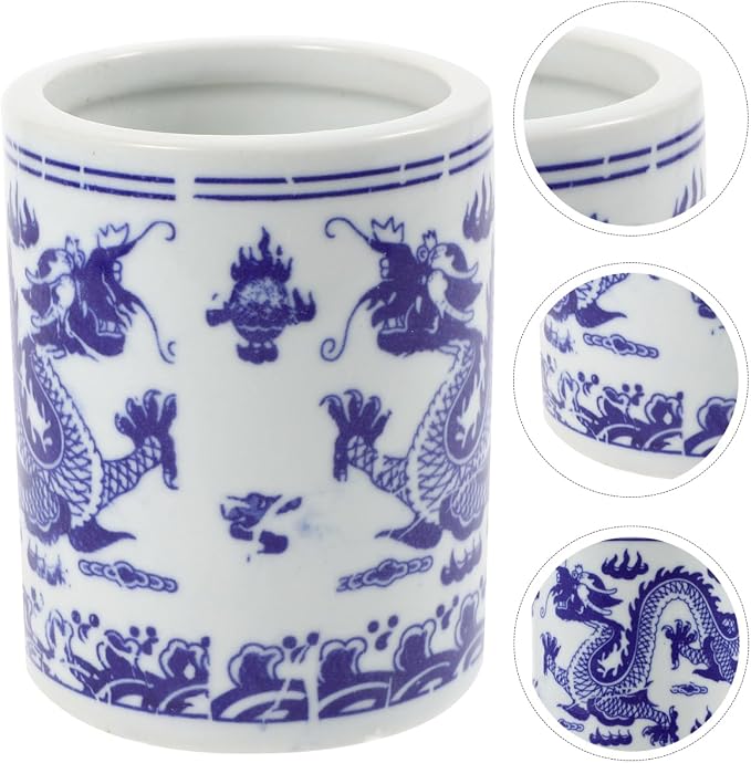 Cabilock Ceramic Utensil Holder with Blue and Design Compact Chopsticks and Spoon Storage Bucket Kitchen Countertop Organizer 4.13 X 3.15 X 3.15 Inches