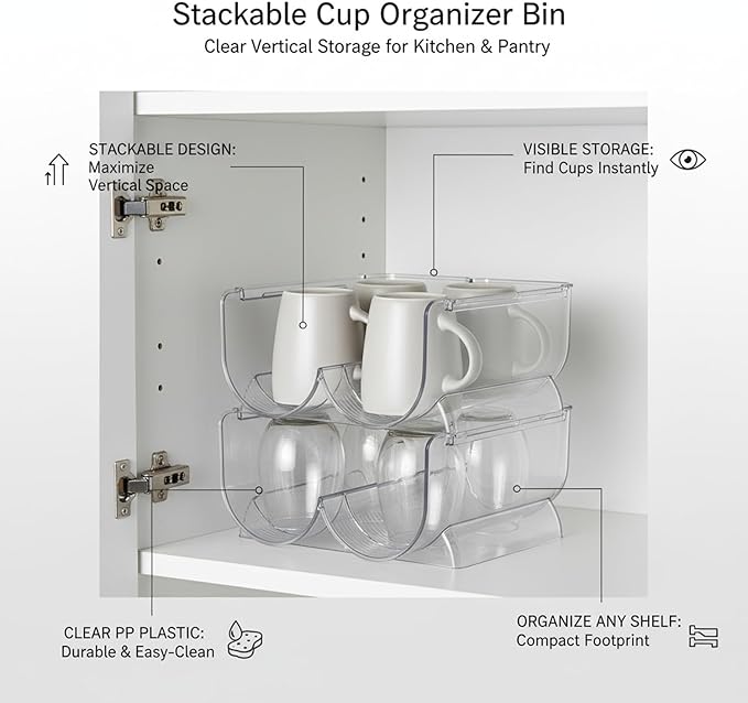 Clear Stackable Cup Organizer Bin, Vertical Storage Container for Kitchen Cabinets & Pantry, Durable PP Plastic
